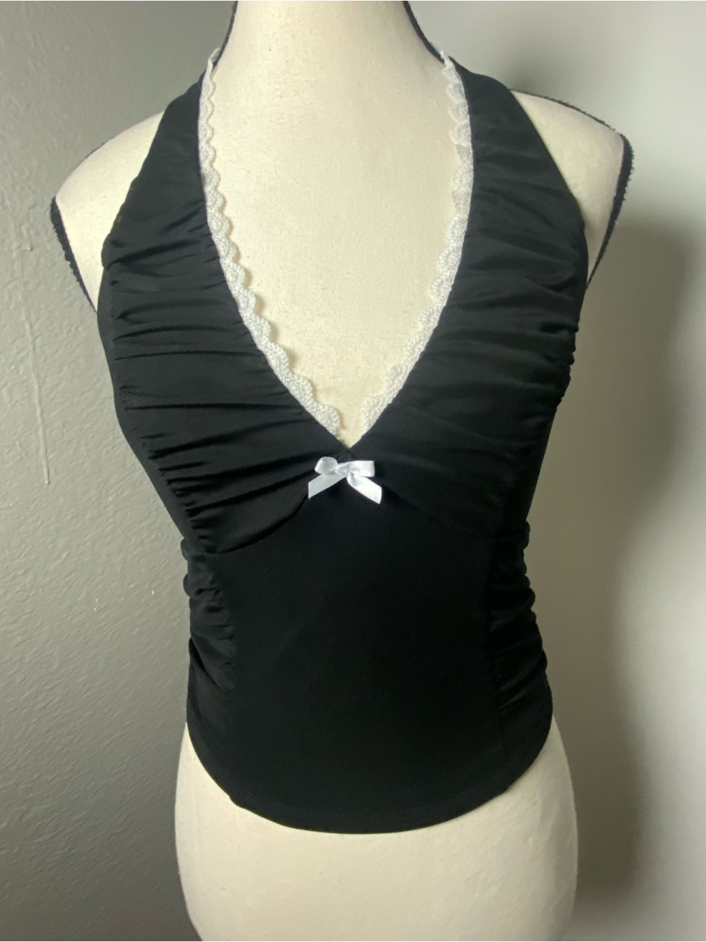 Y2K Coquette Black Mesh & White Lace Trim Bow Halter Top Size Small